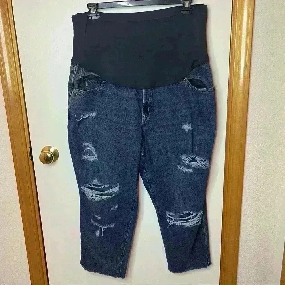 Old Navy Maternity Slouchy Full Panel Straight Jeans Women 20 Blue Distress Crop
